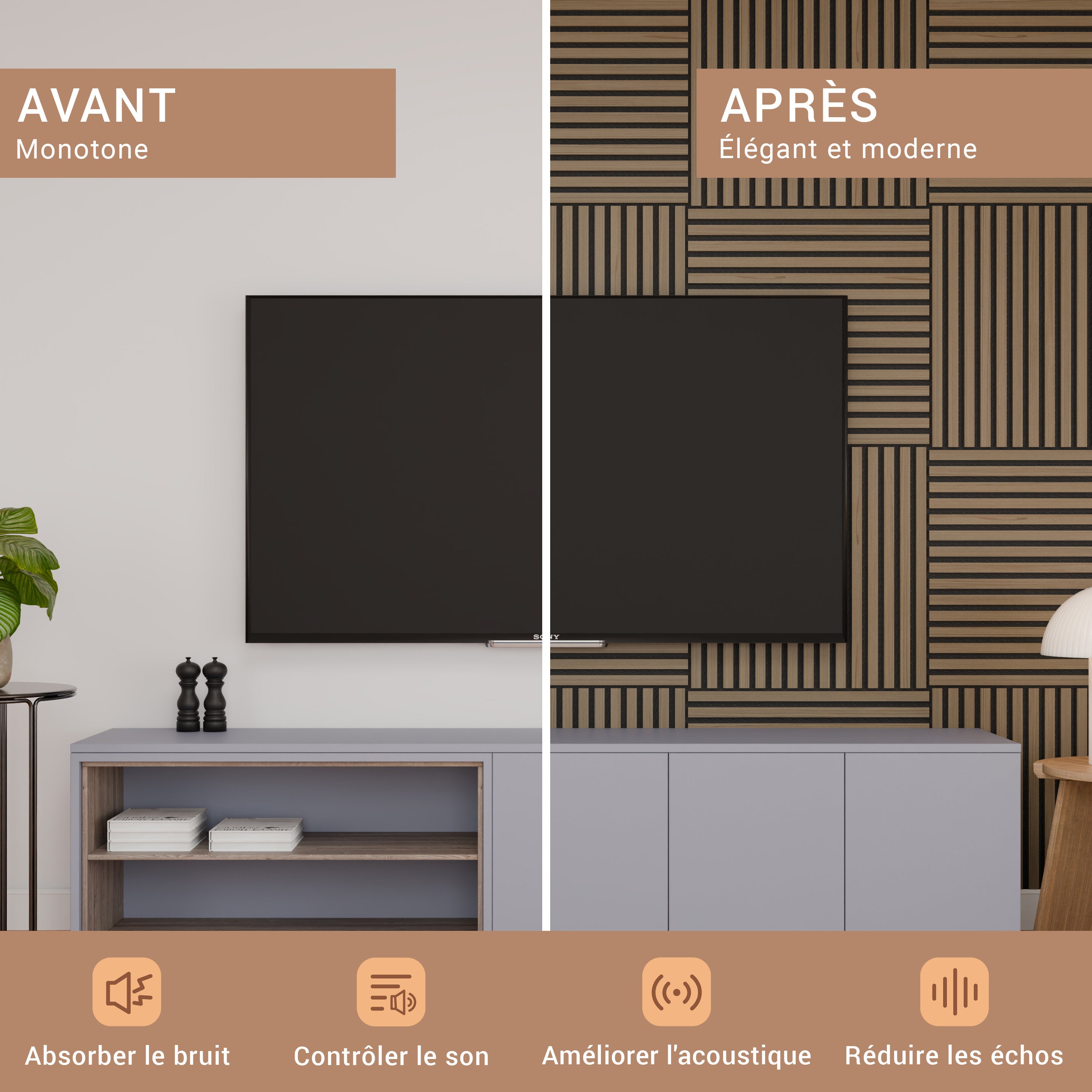 Lot 4 pièces – Panneau Acoustique – Noyer – Feutrine Noir – 60x60cm - 4