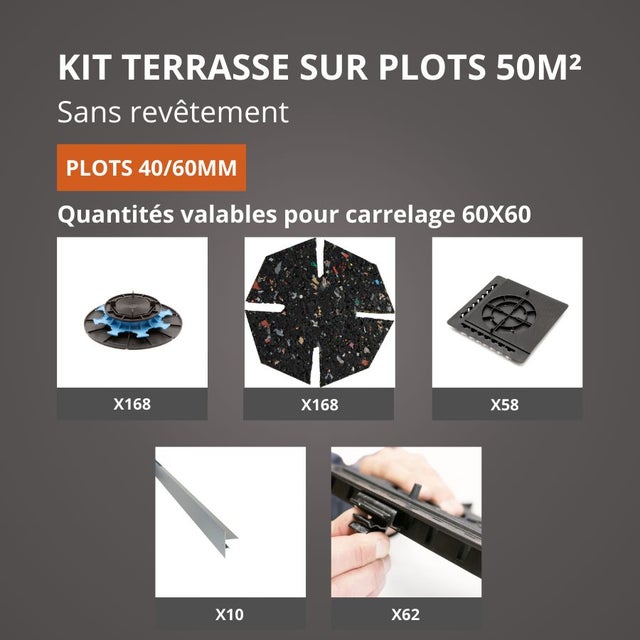 Kit Terrasse sur Plots Sans Revêtement 50M² - Finition Gris Aluminium - 40/60 mm - JOUPLAST