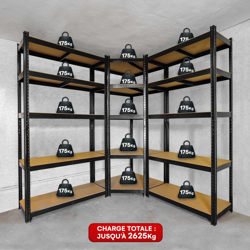 3 étagères spécial angle garage noire - Set étagères de coin charges lourdes - 875 kg - Montage facile par clip et croisillons - 3