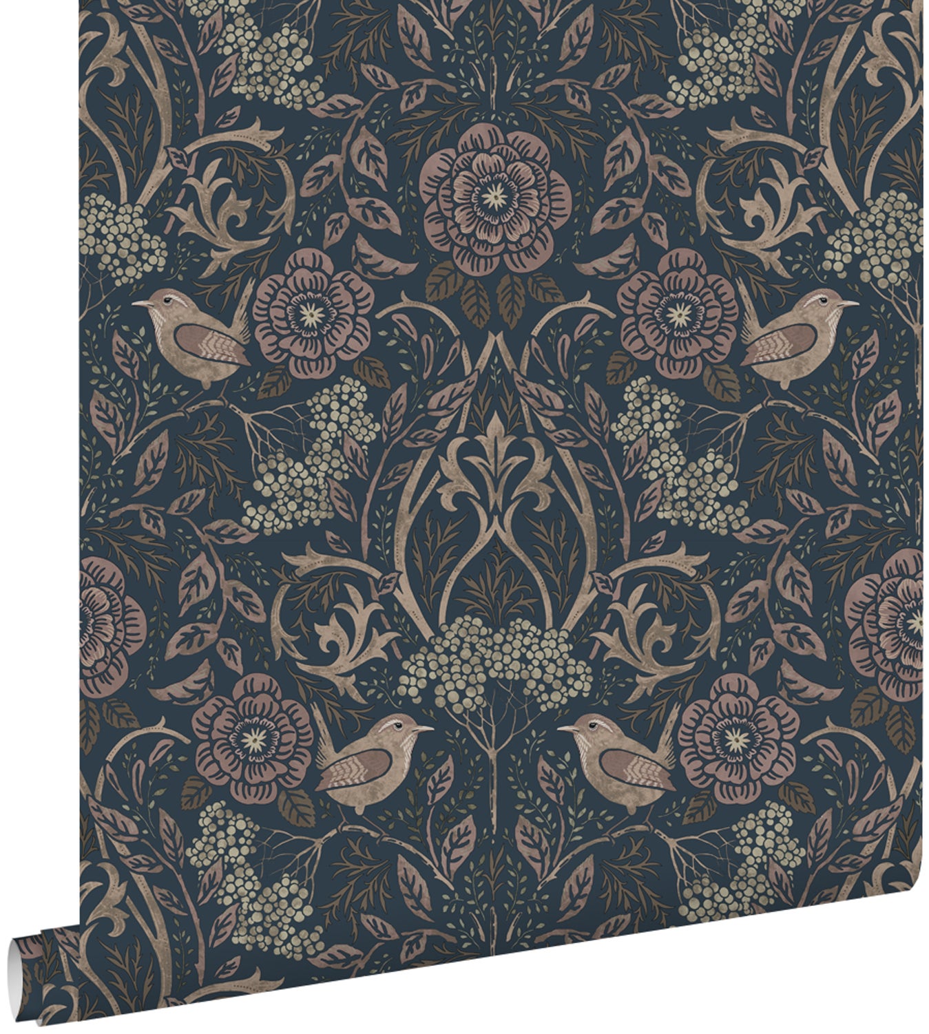 Papel pintado flores y pájaros azul oscuro y rosa viejo - 0.53 x 10.05 m - estahome
