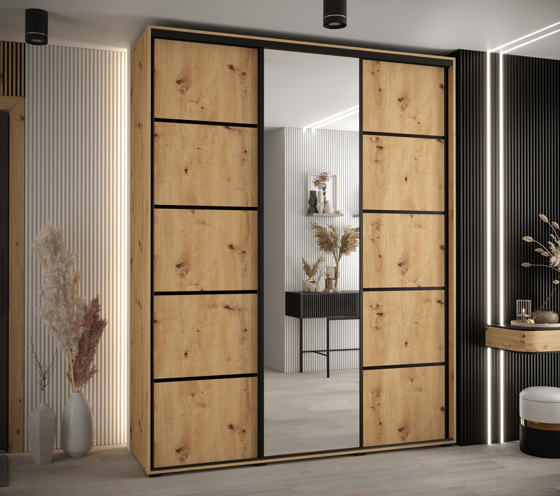 Szafa przesuwna z lustrem wysoka Davos 5 200 x 45 x 235,2 cm artisan + artisan + u. czarny - Abiks Meble - 2