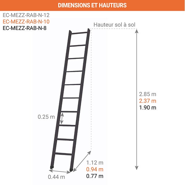 Echelle de meunier rabattable Noir RAL 9005 10 marches - Hauteur de sol à sol 2,37m - EC-MEZZ-RAB-N-10 - 2