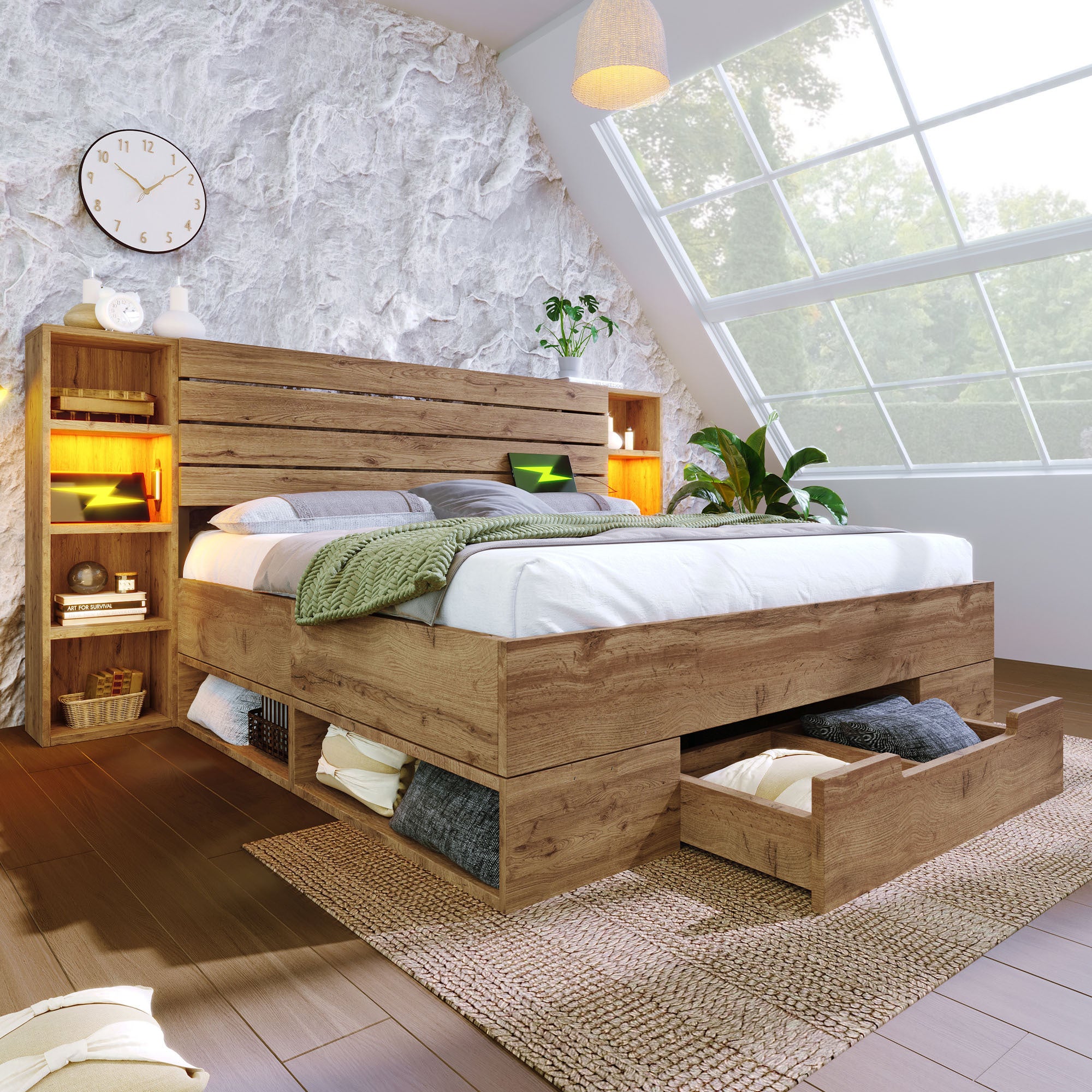 Lit Double 160x200 avec LED et USBC, Lit Industriel avec tête de lit et tiroirs de Rangement, Chêne (Sans Matelas) - 6