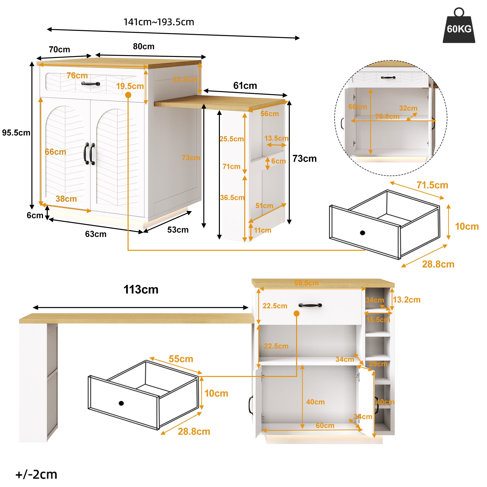 Îlot de cuisine avec lumière LED,Bar de cuisine moderne avec 2 tiroirs et 4 portes,Îlot de cuisine fixe avec table à manger gigogne,Blanc - 5