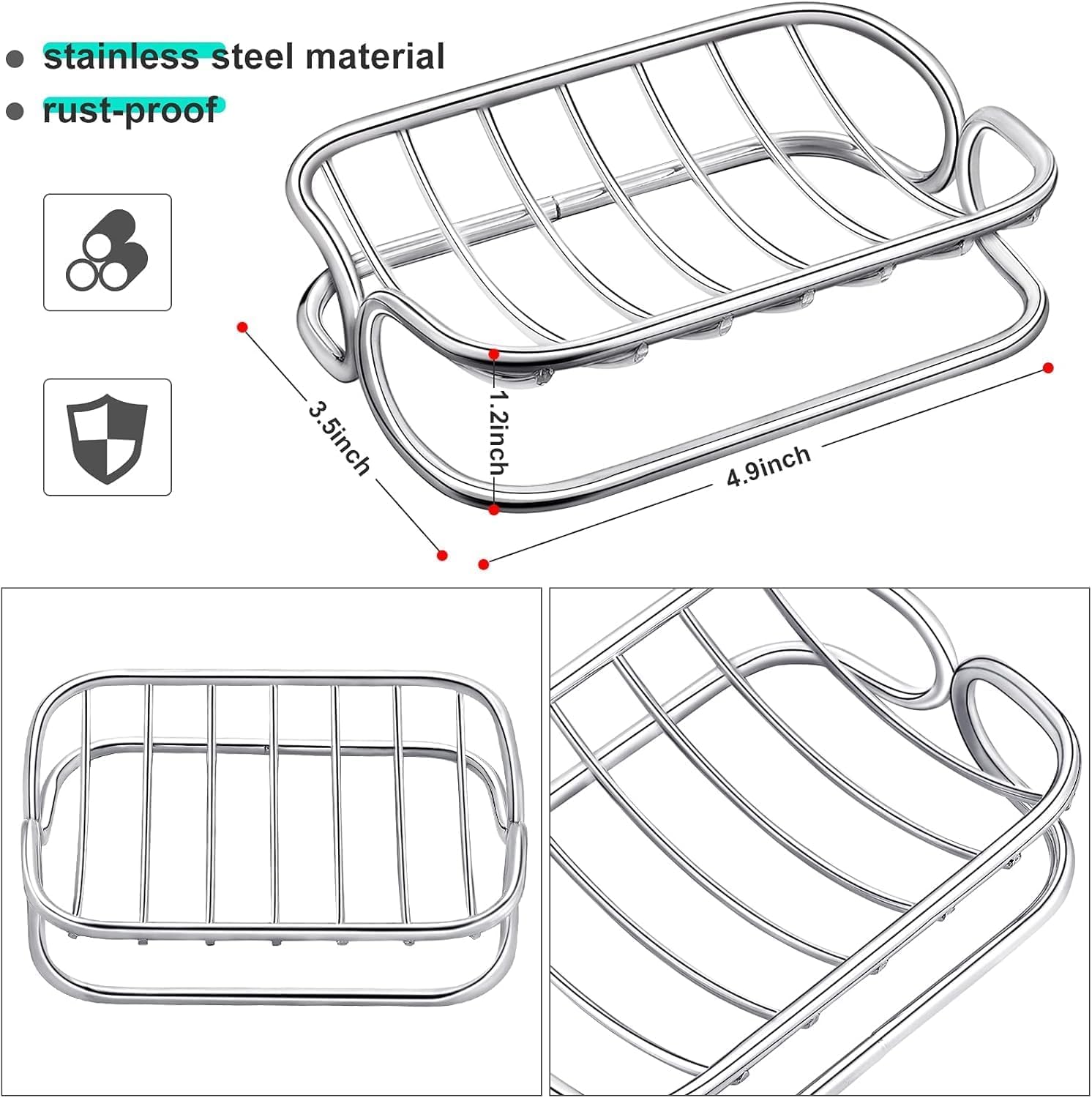 Porte-savon en acier inoxydable, auto-drainant, plateau en métal robuste pour douche, salle de bain, cuisine (lot de 1) - 5
