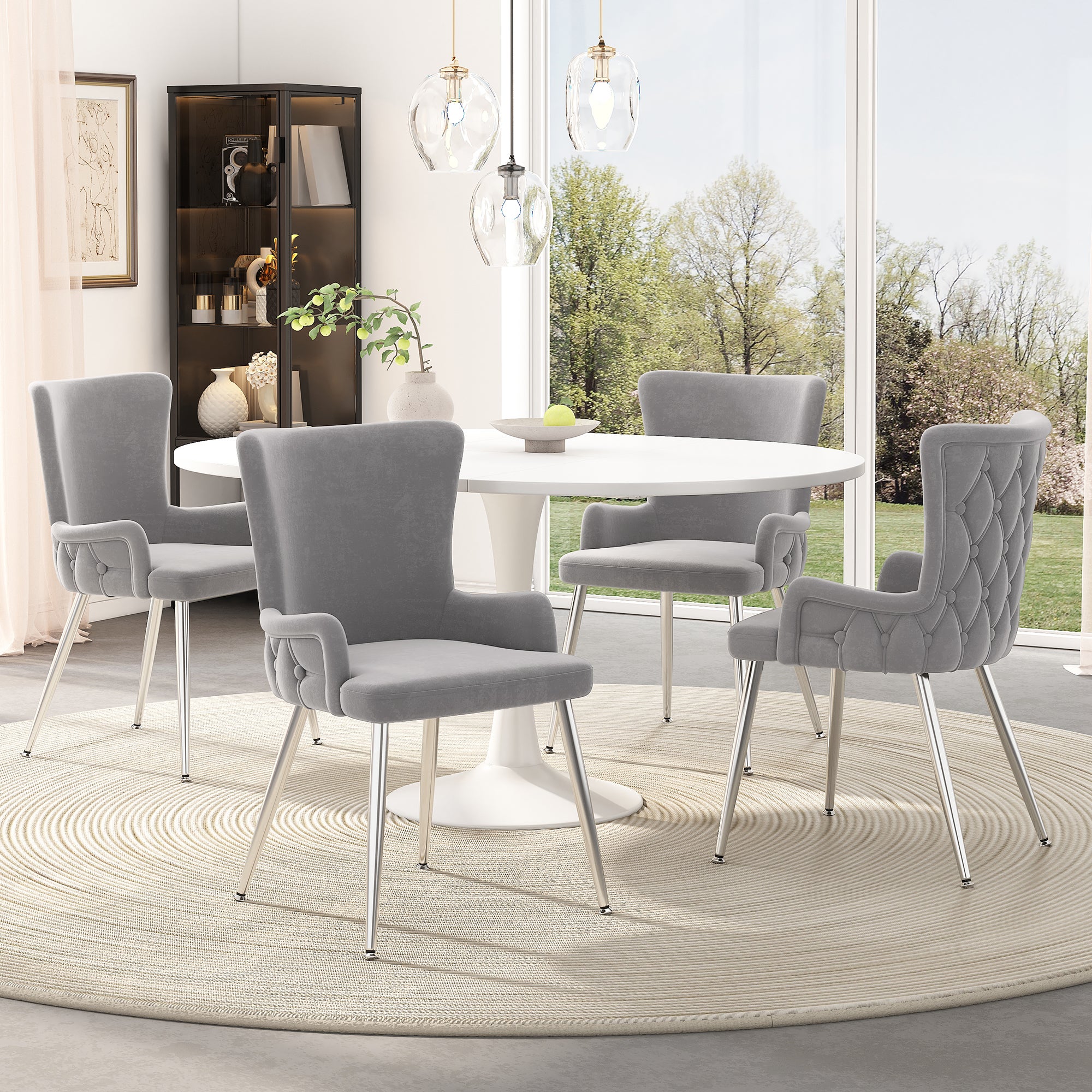 Set Di 2 Sedie Da Pranzo MMT Nigella – Velluto Grigio/Verde, Stile Secchiello, Gambe Acciaio