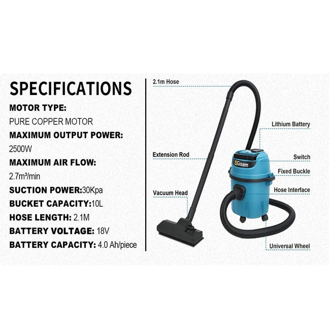 Aspirapolvere elettrico per liquidi e solidi, 30 kPa, 10 L, strumento di pulizia industriale per uso domestico, interfaccia batteria 18 V | Leroy Merlin Aspirapolvere elettrico per liquidi e solidi, 30 kPa, 10 L, strumento di pulizia industriale per uso domestico, interfaccia batteria 18 V | Leroy Merlin
