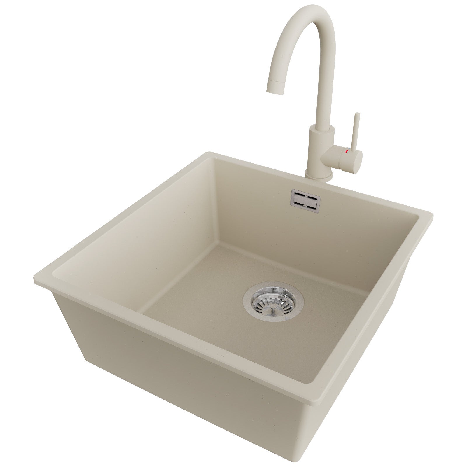 Zlewozmywak Granitowy Beżowy 46x47cm, Zlew Kuchenny 1 Komorowy + Bateria 32x20cm + Syfon, Nablatowy do szafki od 50cm - Londyn Slim PRIMAGRAN