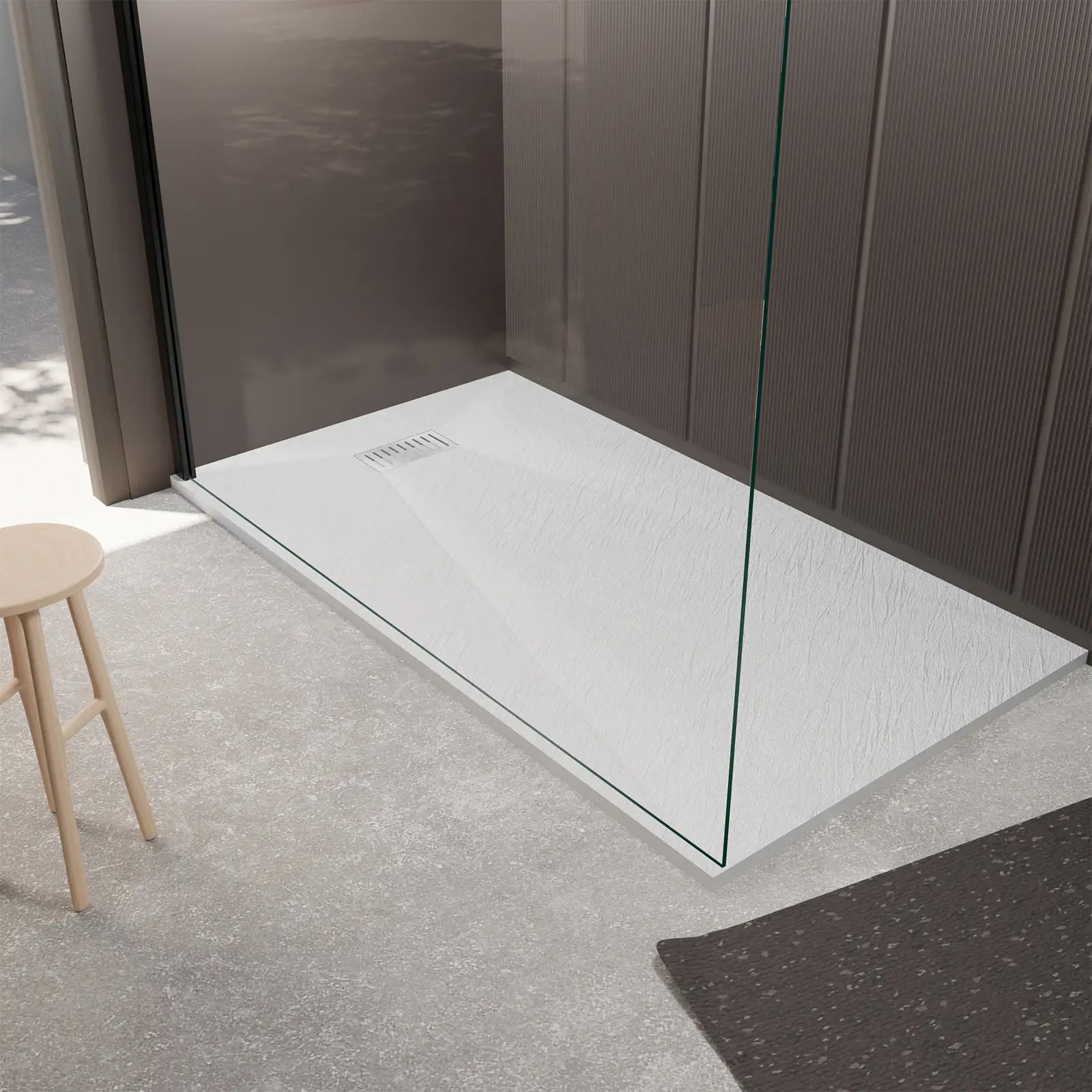 Receveur de douche Blanc Effet Pierre 90x140 cm et Grille décor Linéaire en Inox - 9
