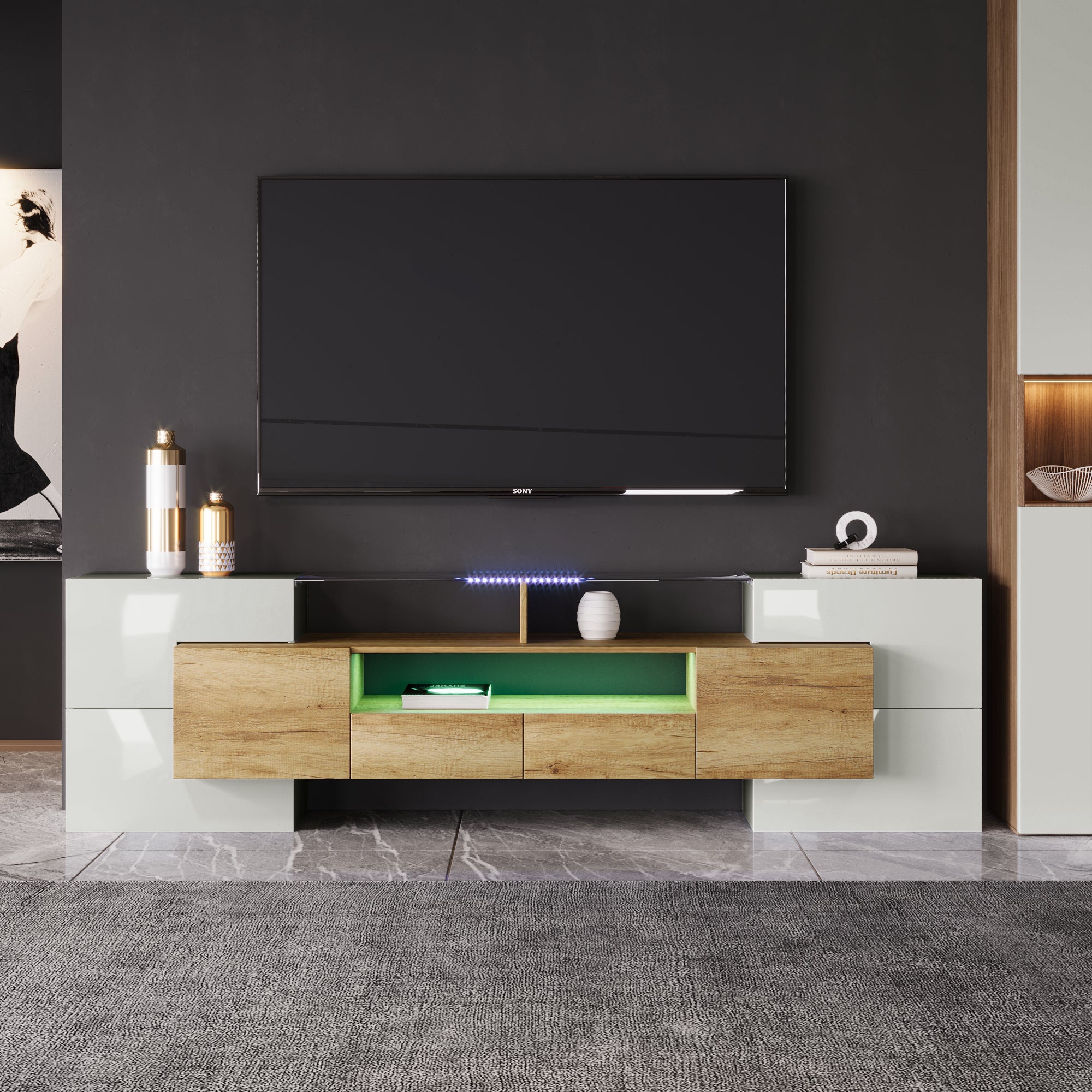 Szafka RTV 200x35x60 cm - Oświetlenie LED - 6 drzwi. Szafka RTV 200 x 35 x 60 cm - 4 drzwi i 2 szuflady - Oświetlenie LED - Płyta MDF - Biały + Czarny