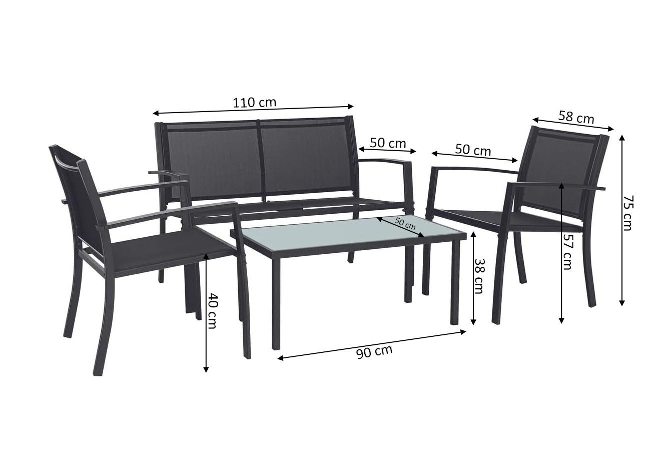 Sofa + 2 Sillas + Mesa de Cristal Templado. Conjunto de Jardin y Terraza, Gris Oscuro - 4