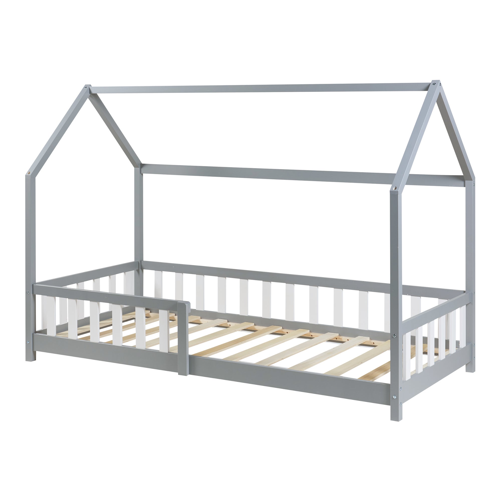Cama infantil Hesel en forma de casa pino con reja 90x200cm - Gris [en.casa] - 3