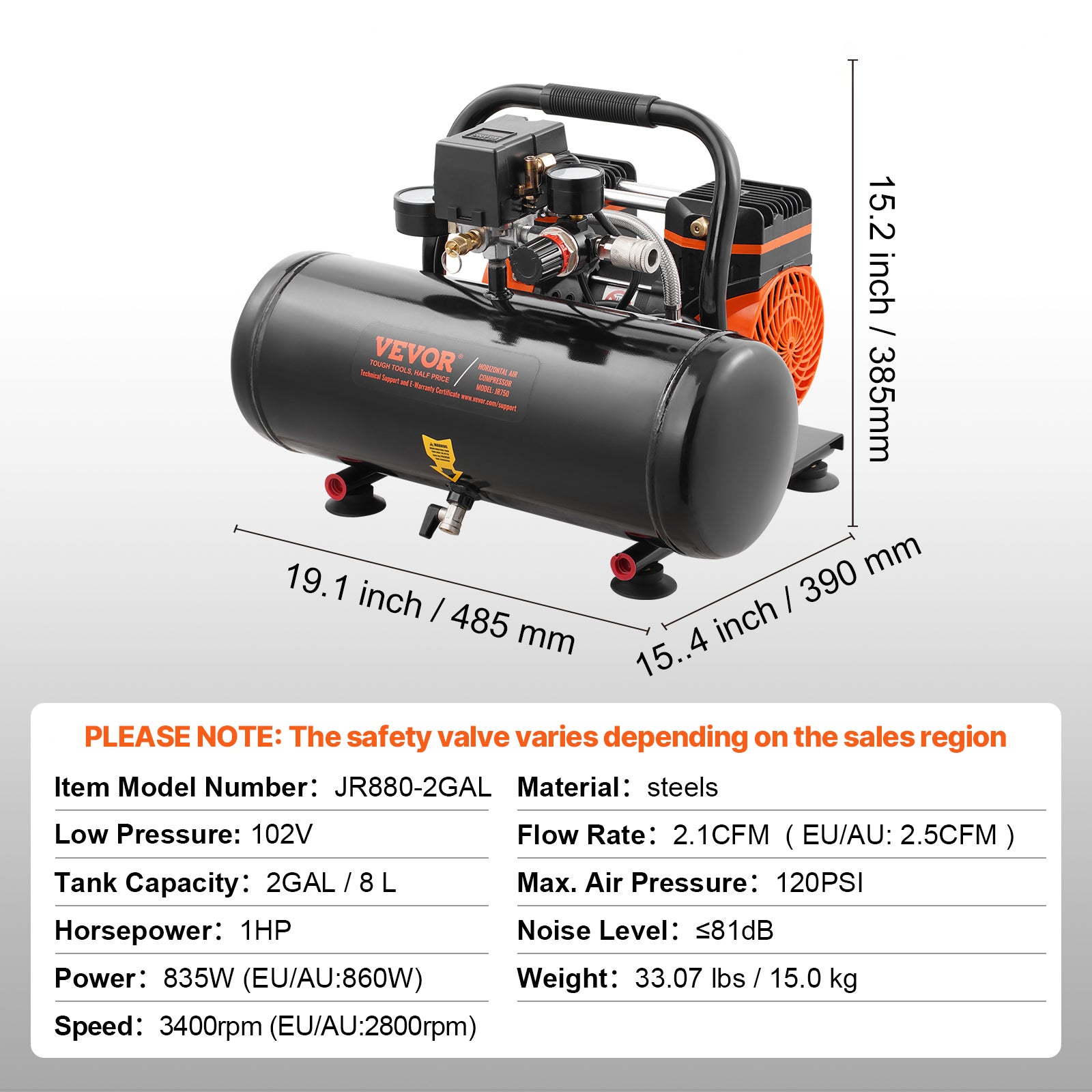 Compresseur d'air SucceBuy 2 gallons,sans huile 1HP,2,5 CFM à 8 Bar,pression max 120 PSI,ultra silencieux 81 dB,portable - 9
