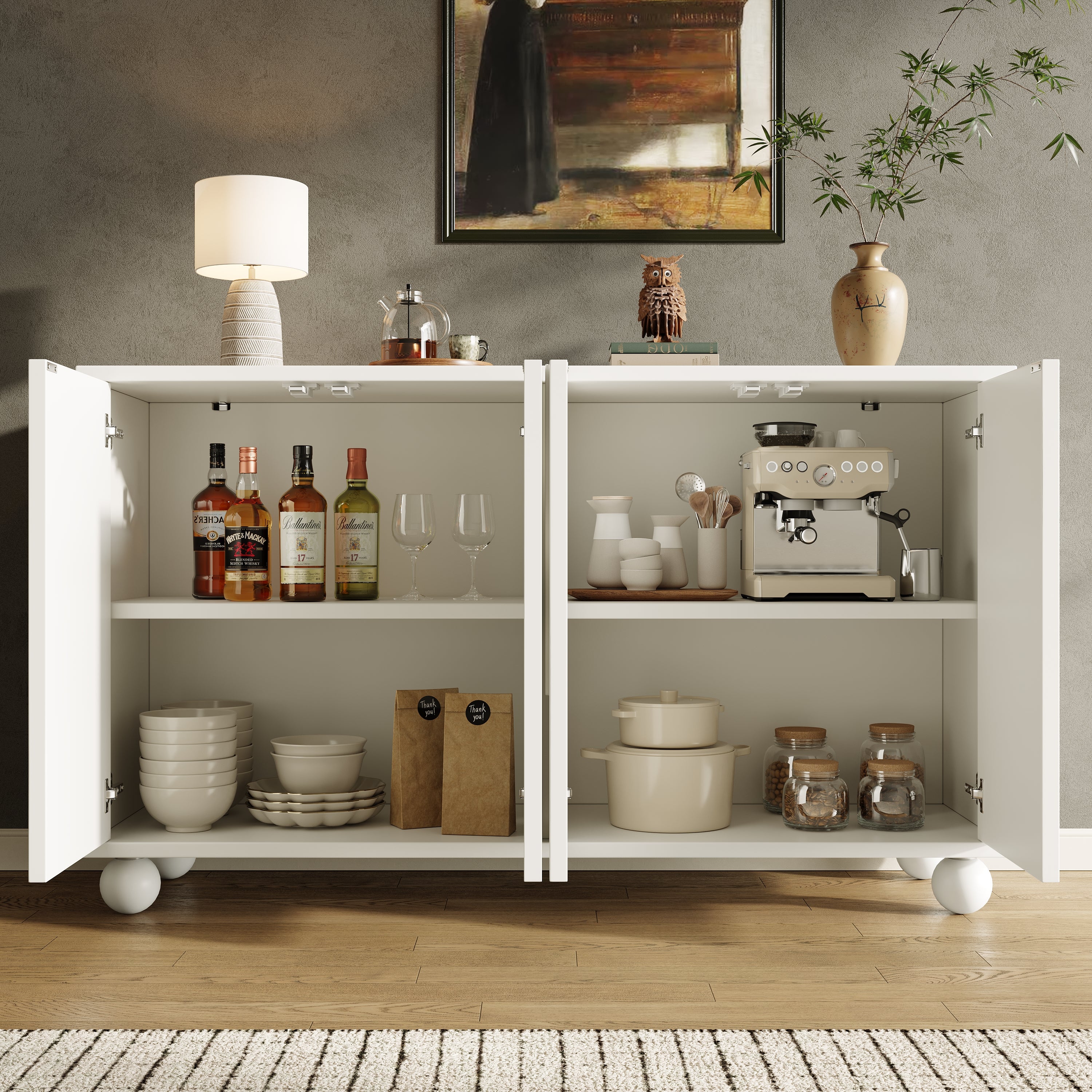 Buffet avec espace de rangement et 4 portes, MDF, 120×35×71 cm, blanc - 2
