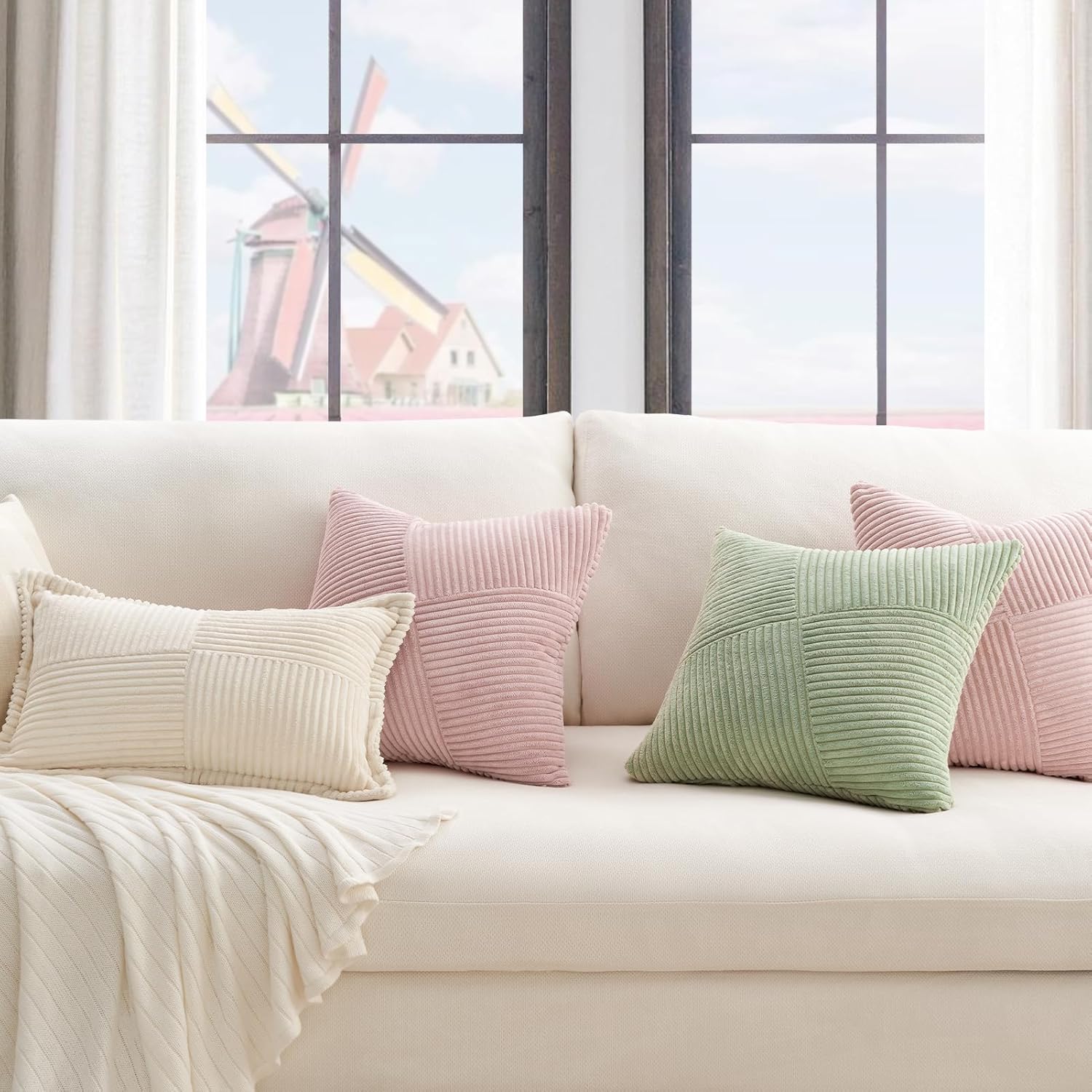Housse de Coussin Rose 45x45 en Velours Côtelé Super Doux Canape Motif à Rayures Patchwork Decoration Maison Salon Chambre pour Canapé Lot de 2 - 5
