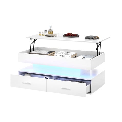 Table basse relevable LED 100x50x44 cm , Bluetooth, 2 Tiroirs et Rangement - pour Salon - Blanc - 9