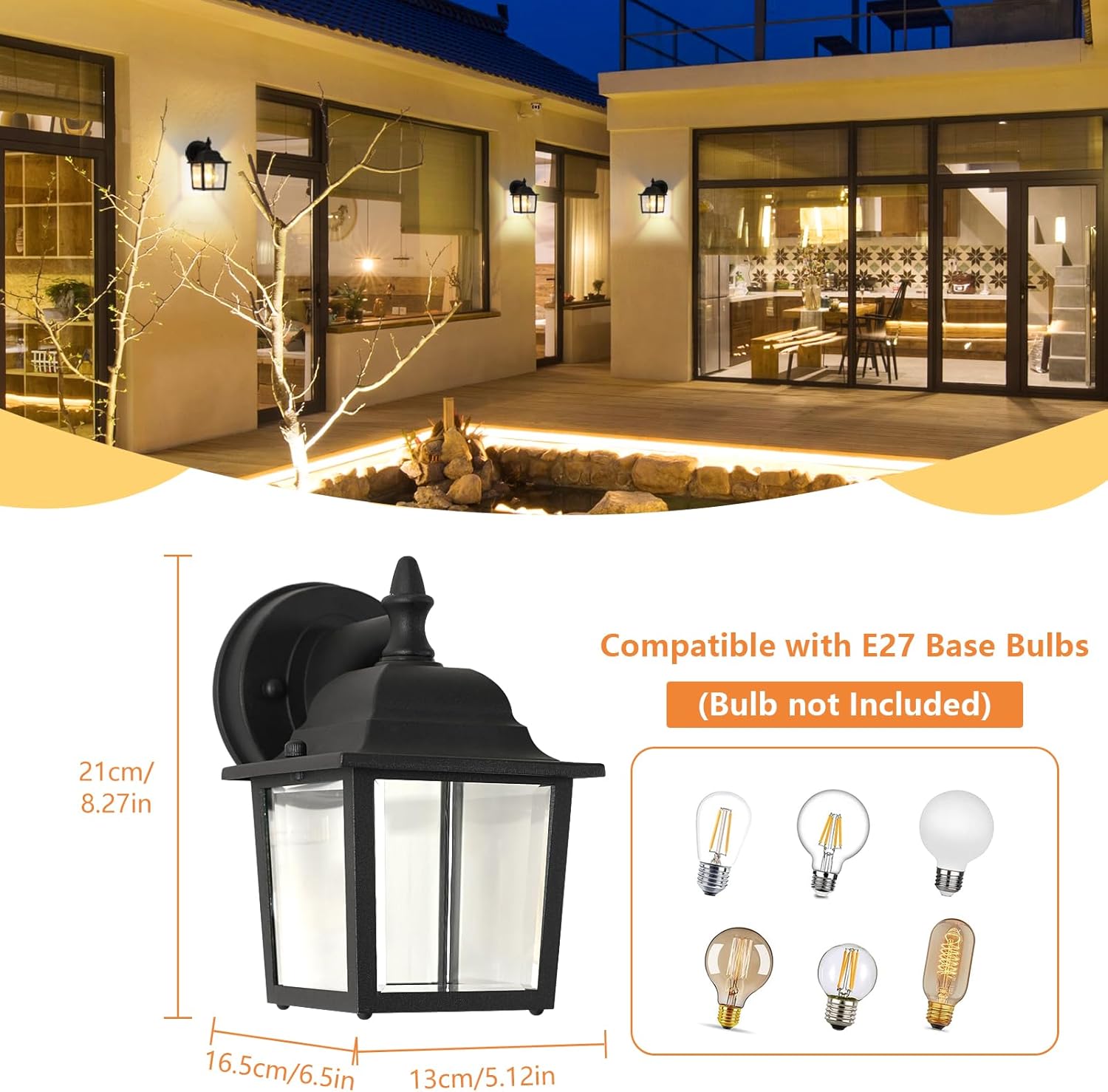 COMELY Applique da Parete Esterno Impermeabile IP44, Lampada da Parete E27 per Porta d’Ingresso, Illuminazione Esterno Portico Nera 21cm - 6