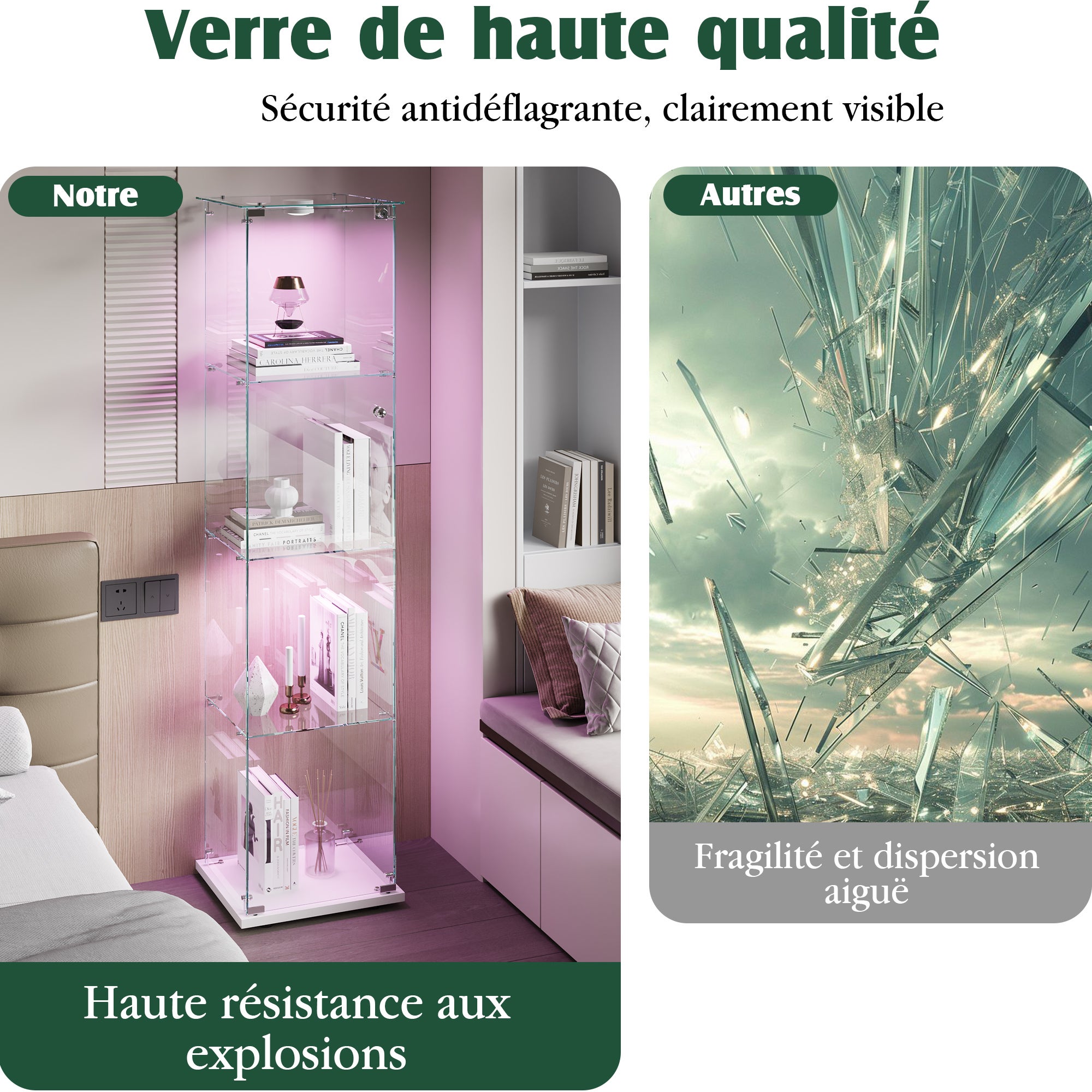 Vitrine en verre - 1 portes - 4 niveaux - Lumière LED - plaque de fond - 39.8x35x163cm - blanc - 6