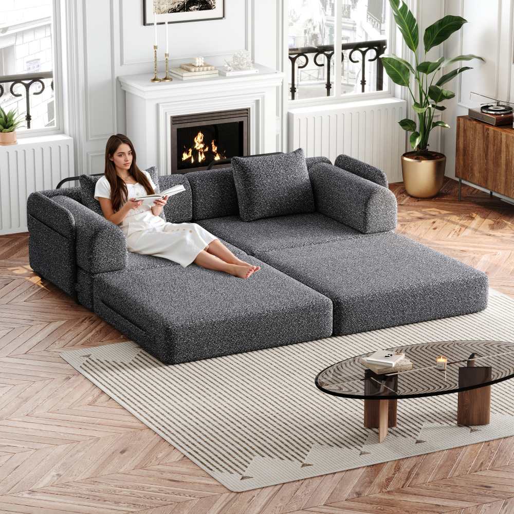 Canapé modulable 2 en 1, tapissé en chenille douce et résistante, rangement latéral intégré et structure métallique renforcée, idéal pour le salon - 2