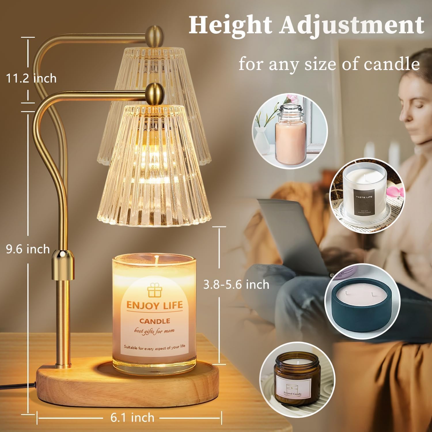 Lampe Chauffe-bougie électrique - Avec Minuterie Et Variateur - Design Vintage, Hauteur Réglable - Pour Bougies Parfumées En Verre