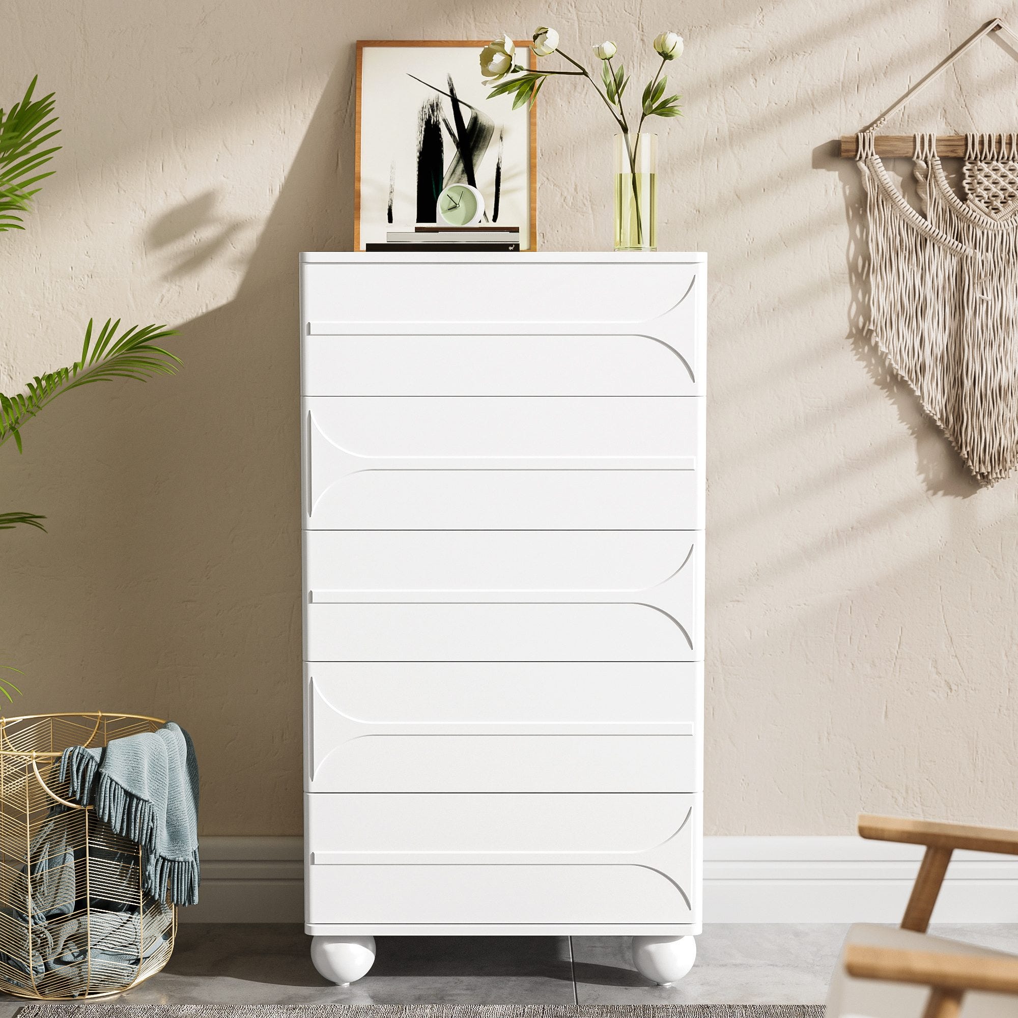 Cómoda de 5 cajones - Diseño elegante con relieve - Patas metálicas ...