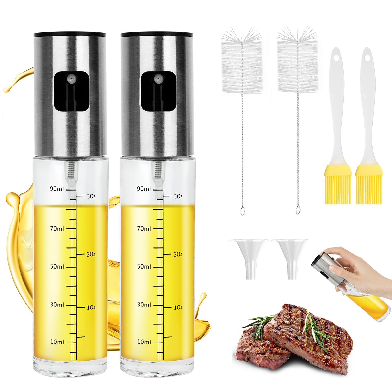 2 Sztuki Rozpylacza Oleju Kuchennego Szklanego 100 ml, z Lejkami, Szczotkami i Przyborami do Czyszczenia do Frytkownicy