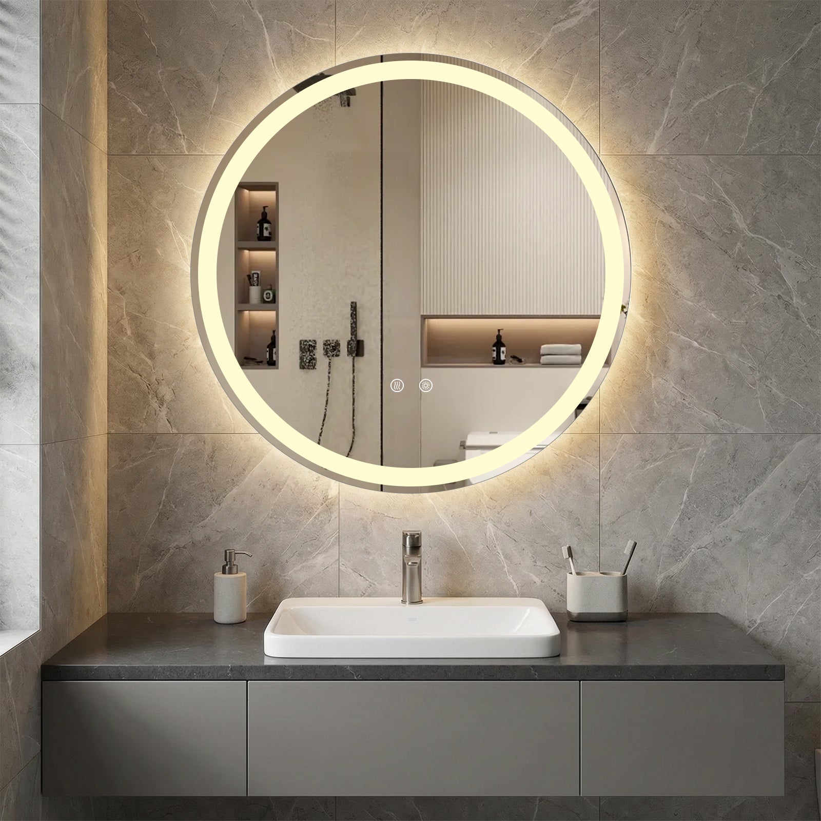 Espejo redondo iluminado led 60cm, espejo de baño montado en la pared con brillo ajustable, iluminación frontal y trasera, control táctil