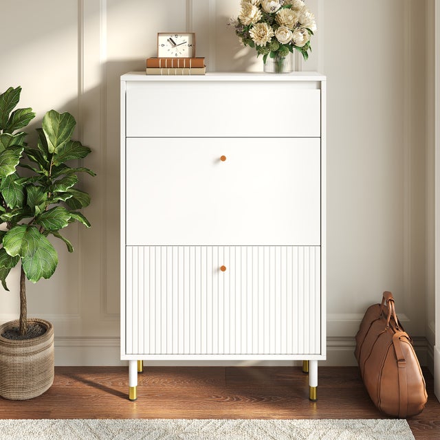 Zapatero estrecho con 2 puertas abatibles y 1 cajón - MDF y aglomerado - 65 x 24 x 104 cm - Blanco