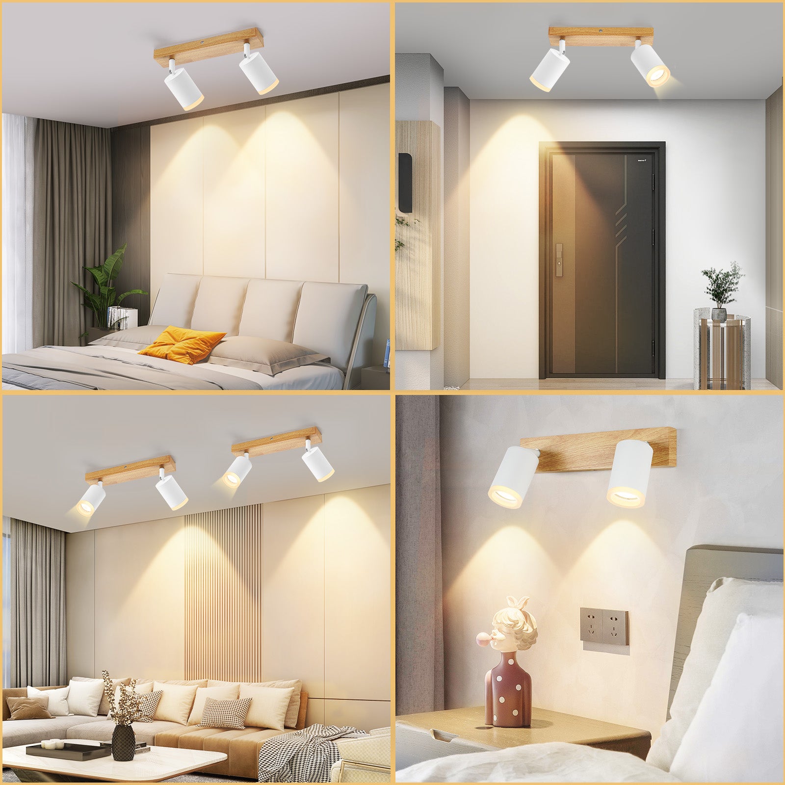 NETTLIFE Foco de techo blanco GU10 Foco de pared de madera vintage giratorio sin bombilla orientable 350° industrial - 7