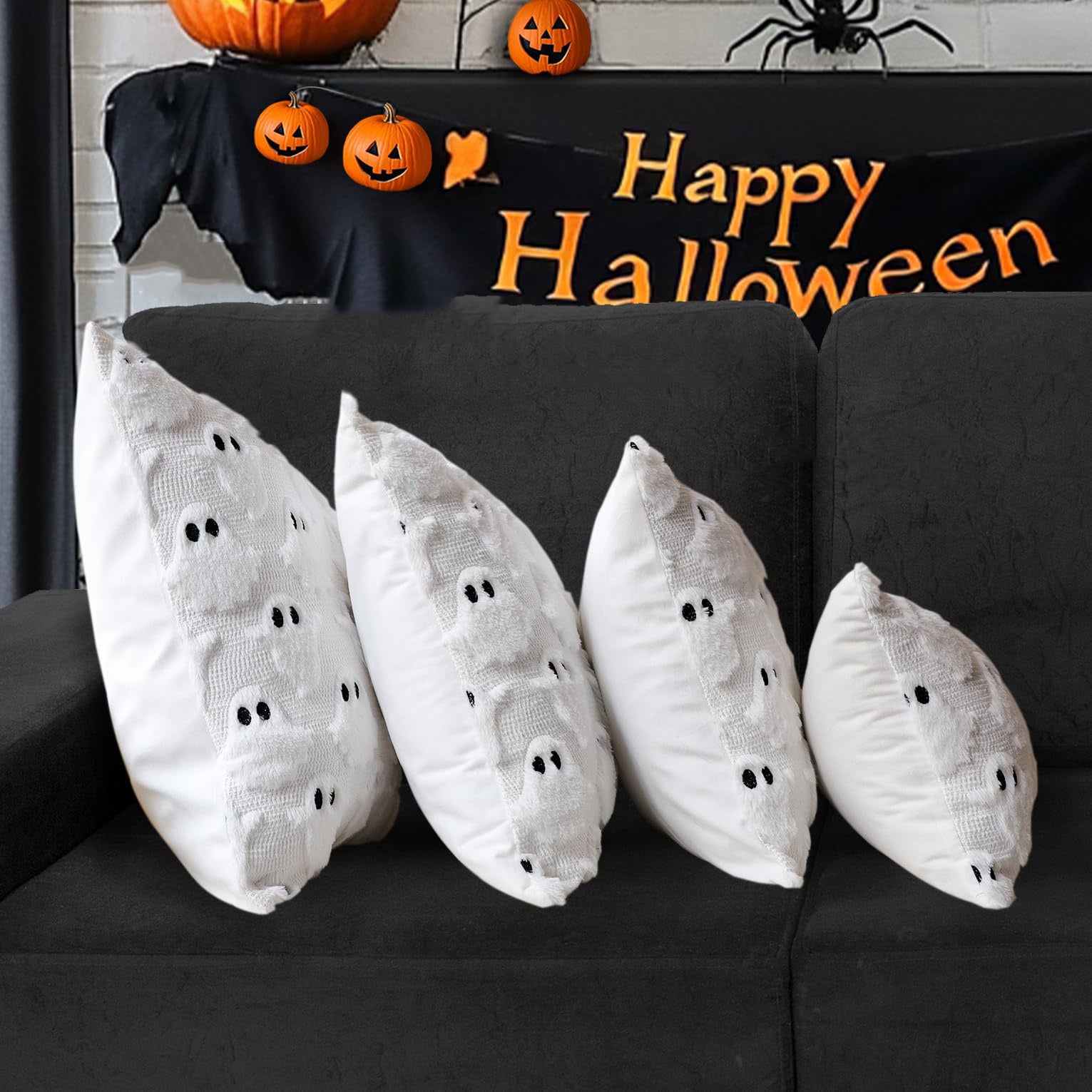 2 taies d'oreiller fantôme Halloween, douces et moelleuses, idéales pour la décoration intérieure, 45 x 45 cm, blanches. - 5
