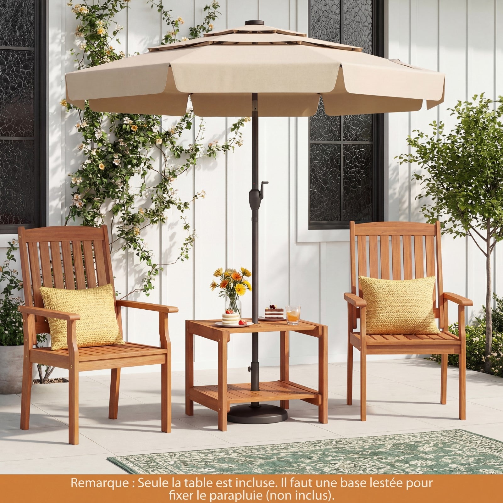 Table Basse Exterieur à 2 Niveaux, Table d’Appoint de Jardin en Bois, avec Trou pour Parasol, Plateau à Lattes, Naturel, 51 x 48 x 45 cm - 9