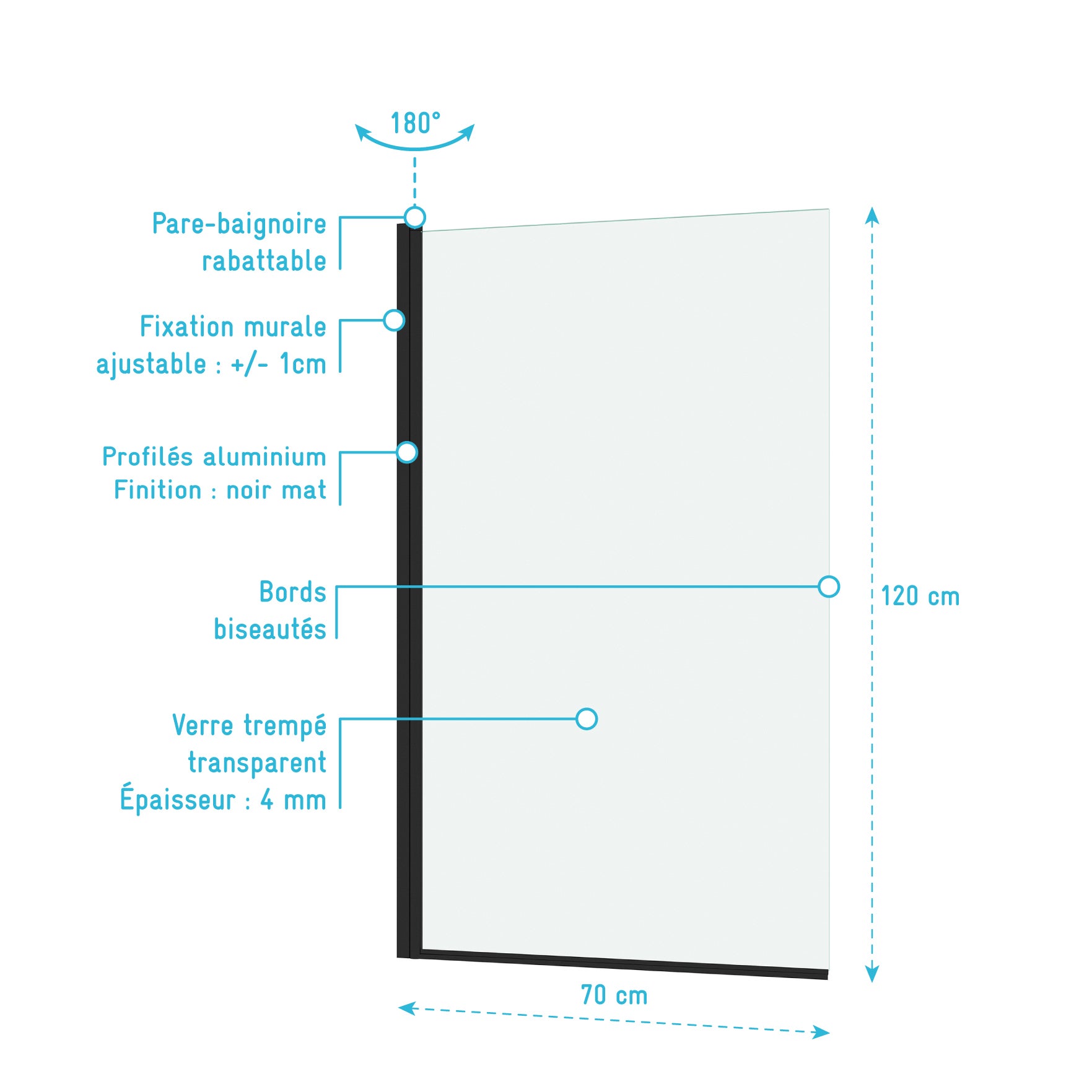 Pare baignoire Rabattable 70x120cm - Profilé Noir Mat - Verre Trempé 4mm - ELEMENTARY - 4