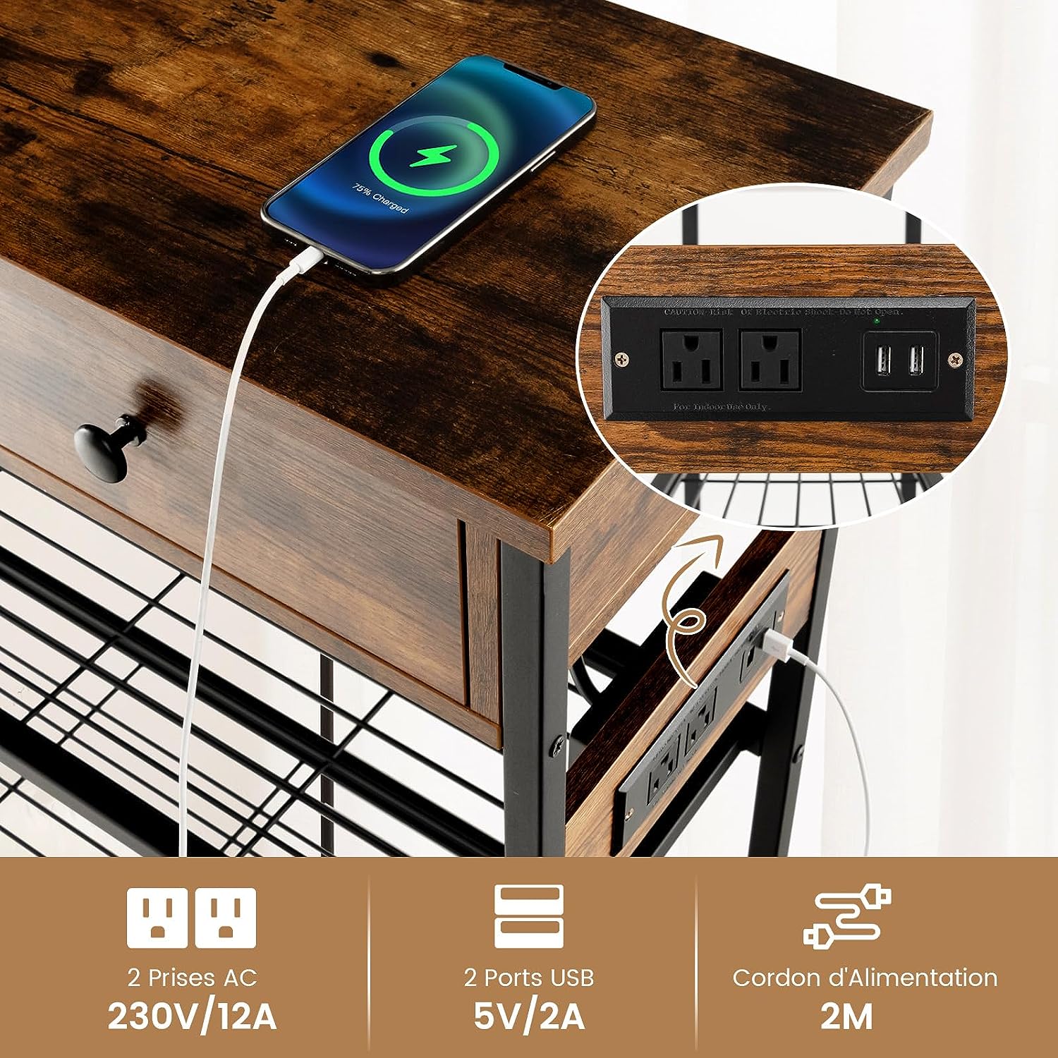 Tavolo Consolle Stretto con 2 Cassetti e 2 Ripiani in Rete Metallica, Tavolo d'Ingresso con Stazione di Ricarica, 2 Prese AC e 2 Porte USB, Id - 4