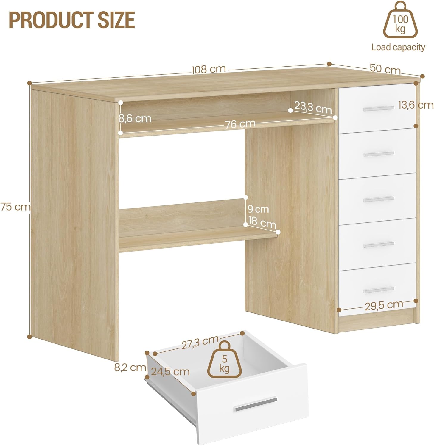 Bureau, Bureau avec 5 Rangement, Table Informatique au Design Minimaliste, Table d'ordinateur de Style Moderne,pour Études, Chêne Sonoma + Blanc - 5