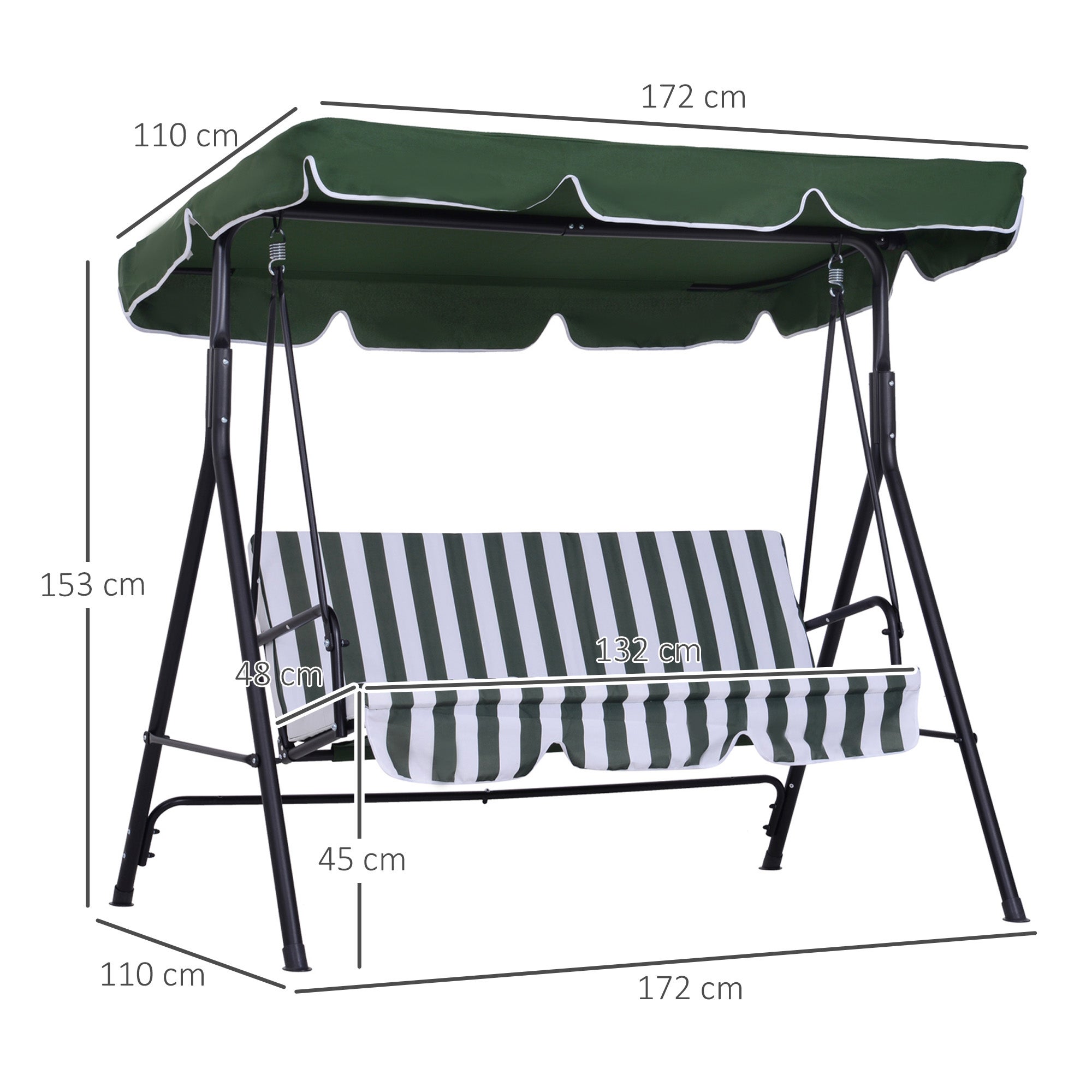 Outsunny Dondolo da Giardino a 3 Posti con Tettuccio Inclinabile e Cuscini, 172x110x153 cm, Verde - 3