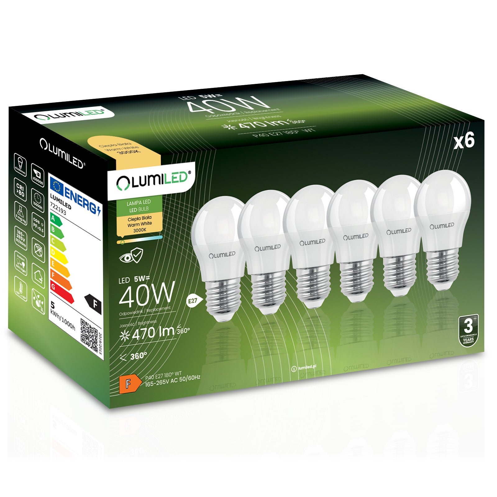 6x Żarówka Lumiled LED E27 Kulka P45 5W = 40W 470lm 3000K Ciepła 180st