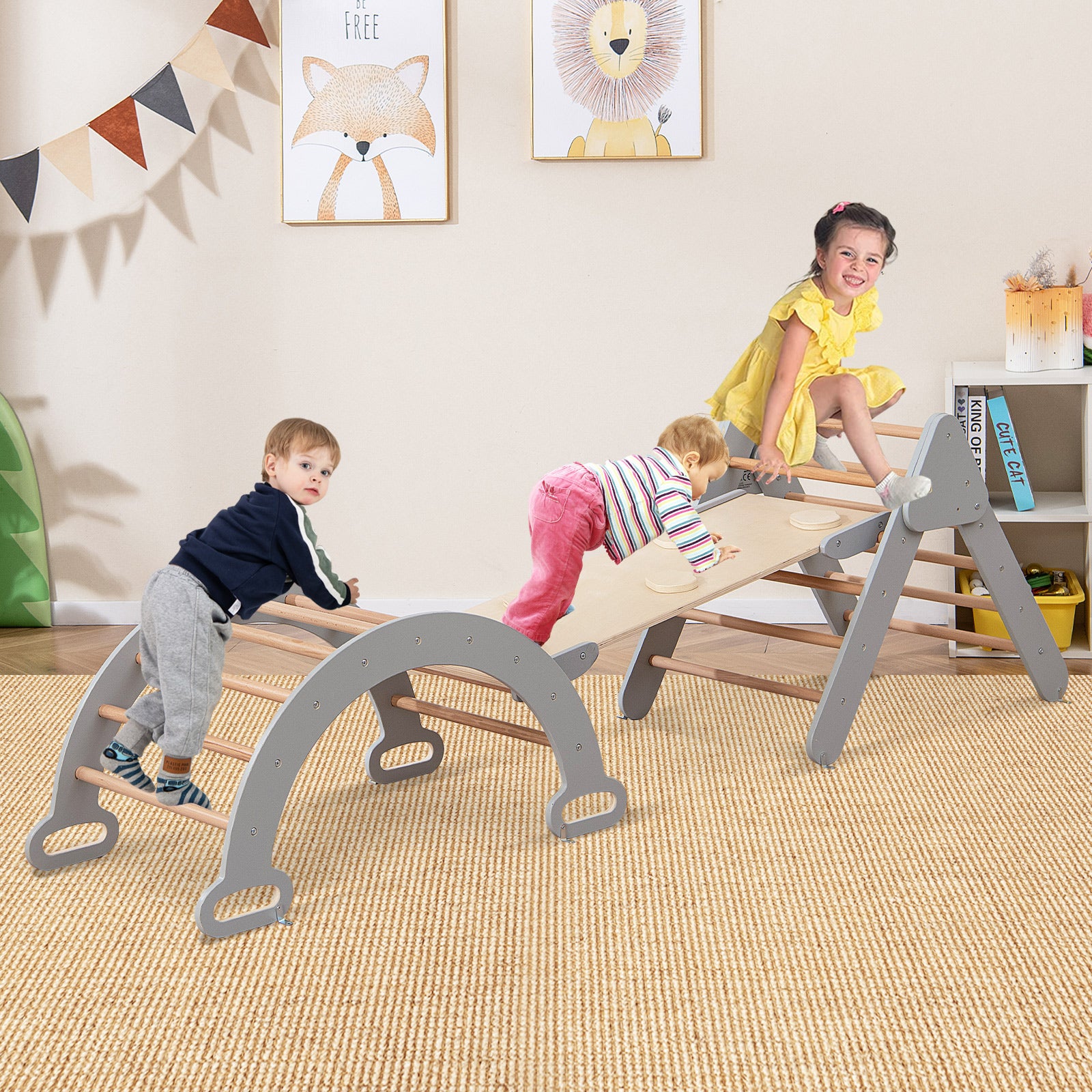 7 en 1 Triangle Arche Montessori, Arche d'escalade Enfants avec Toboggan Bois,Rampe, Échelle Réglable, pour Tout-Petits Bébé 1 Ans+(Gris Naturel) - 9