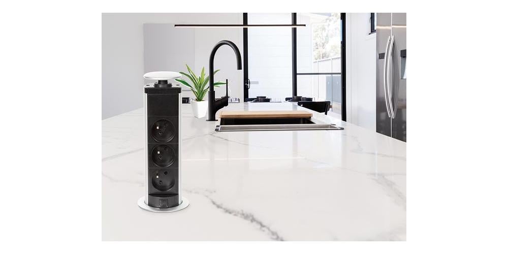 Perel Bloc multiprise escamotable, 3 prises avec terre française (type E), diamètre 71 mm, usage intérieur, noir/gris - 7