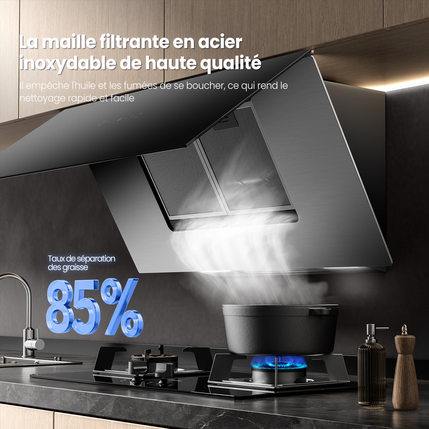 COMFEE Hotte Aspirante Inclinée 90cm 800m³/h Classe A++, Commandes Gestuelles, 4 Vitesses, BLDC Moteur, Evacuation & Recyclage, Verre Noir - 8