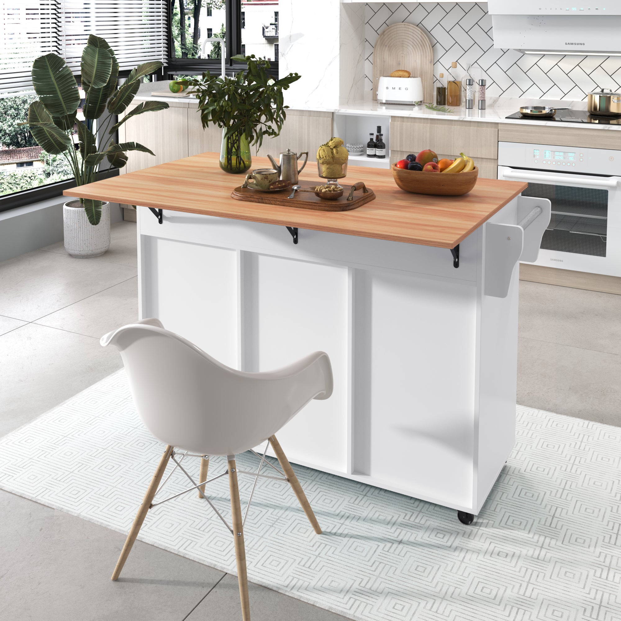 Îlot de Cuisine Moderne, Buffet avec Fonction de Rangement, Table