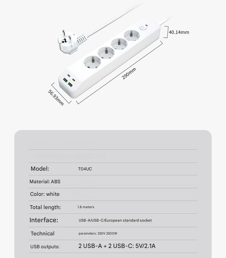 Prise de courant à quatre trous, 2500 W, panneau de prises, prise pour appareil électroménager, avec interface PD/USB (norme européenne). - 4
