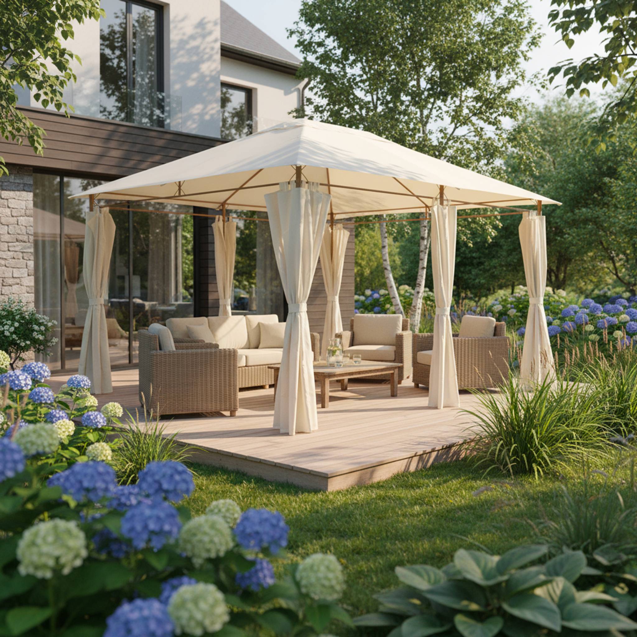 Tonnelle 3x4 m - Divio - Imitation bois. toile écru - Pergola avec rideaux. tente de jardin. barnum. chapiteau. réception - 2