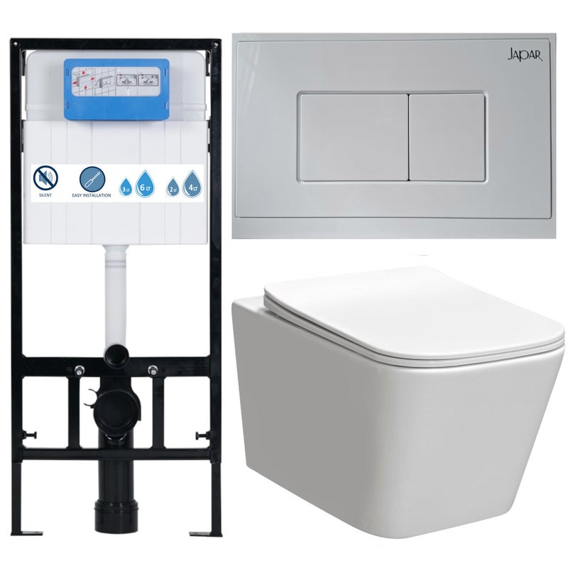 Miska WC rimless podwieszana 51,5x36x34 cm, deska, stelaż podtynkowy, przycisk