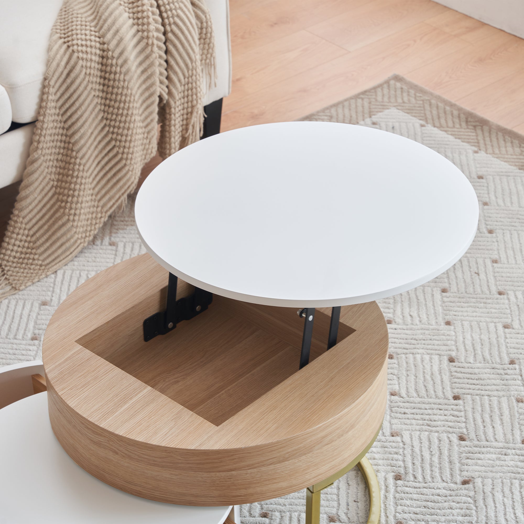 Set di tavolini giganti (70×70×42/56,5 cm, 60×60×27 cm) con piano sollevabile e 2 cassetti, in MDF, bianco e rovere - 7