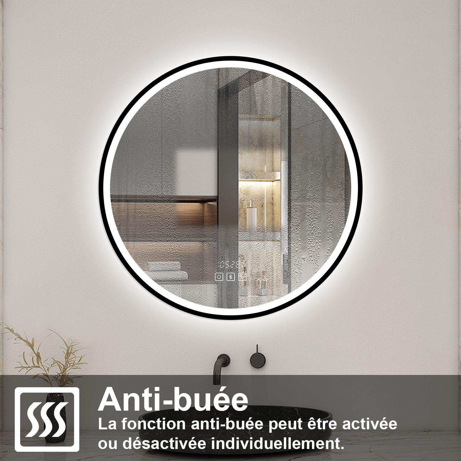 Aica Miroir lumineux de salle de bain Bluetooth Rond 90cm Avec Horloge + 3 Couleurs + Dimmable + Anti-Buée, Noir Cadre Non-Métallique - 6