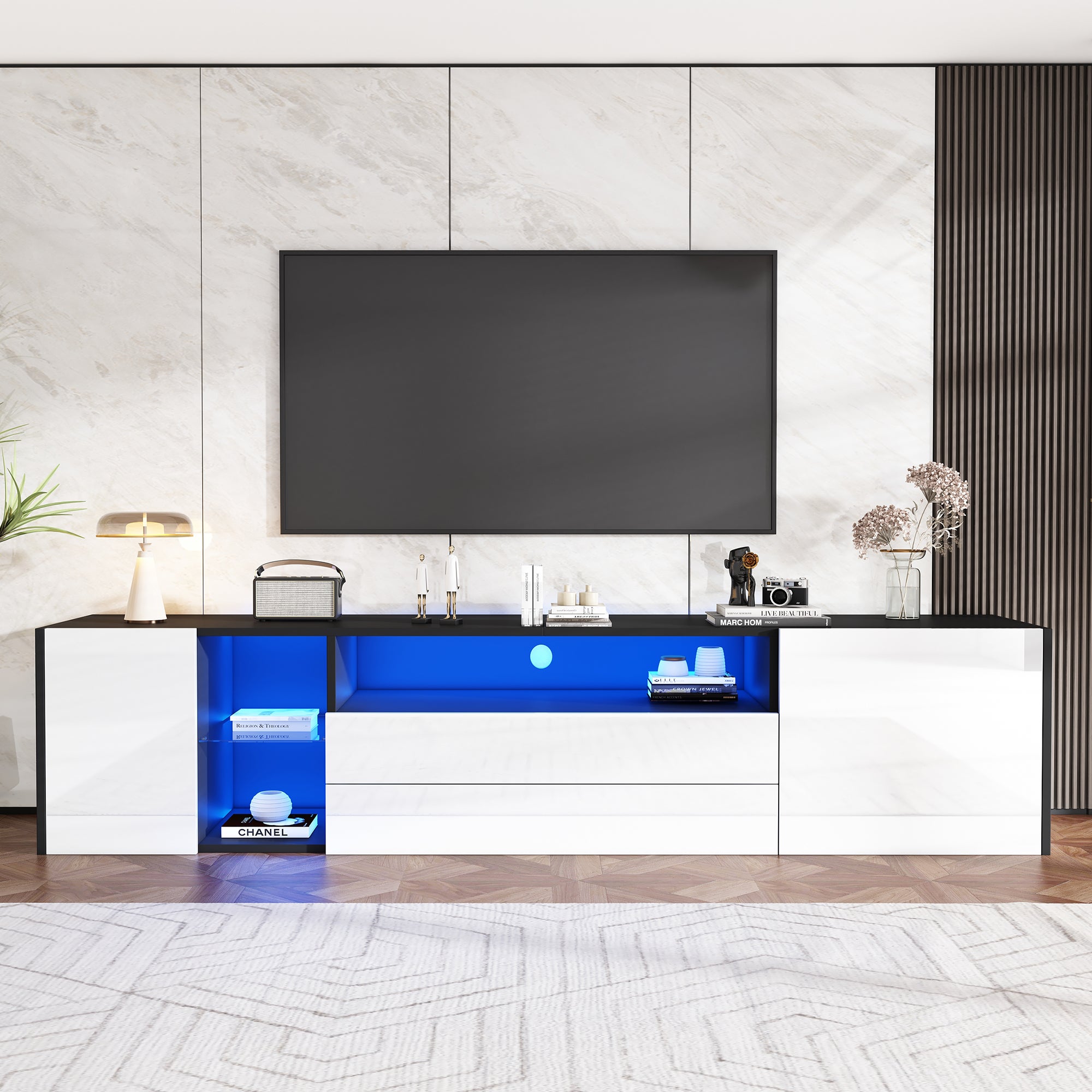 Meuble TV blanc laqué avec LED multicolores – 160 cm - Ameublement