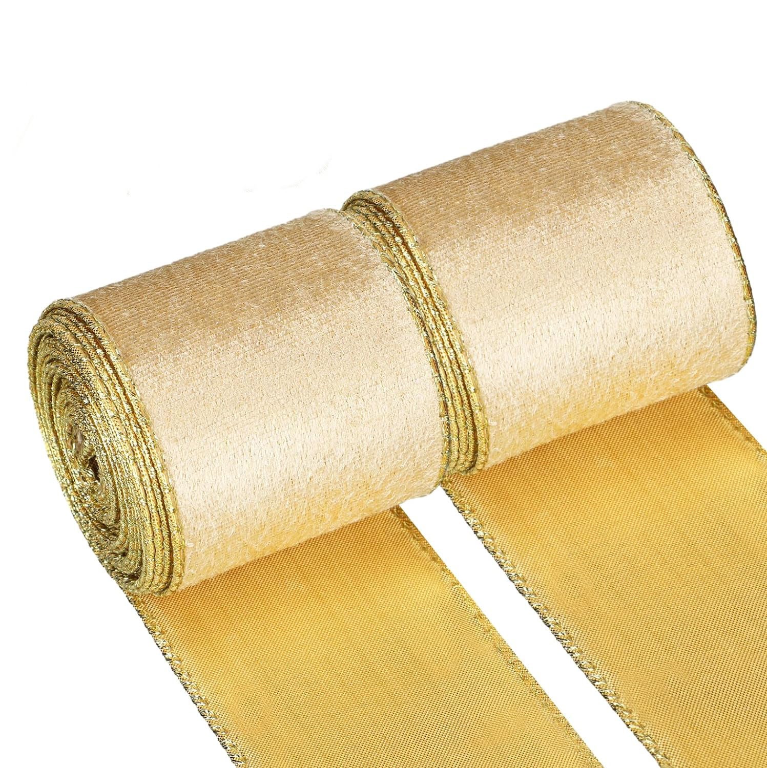 2 rolki wstążki świątecznej (4,7 m x 10 cm szerokości każda). Złota wstążka do pakowania prezentów świątecznych i choinek.