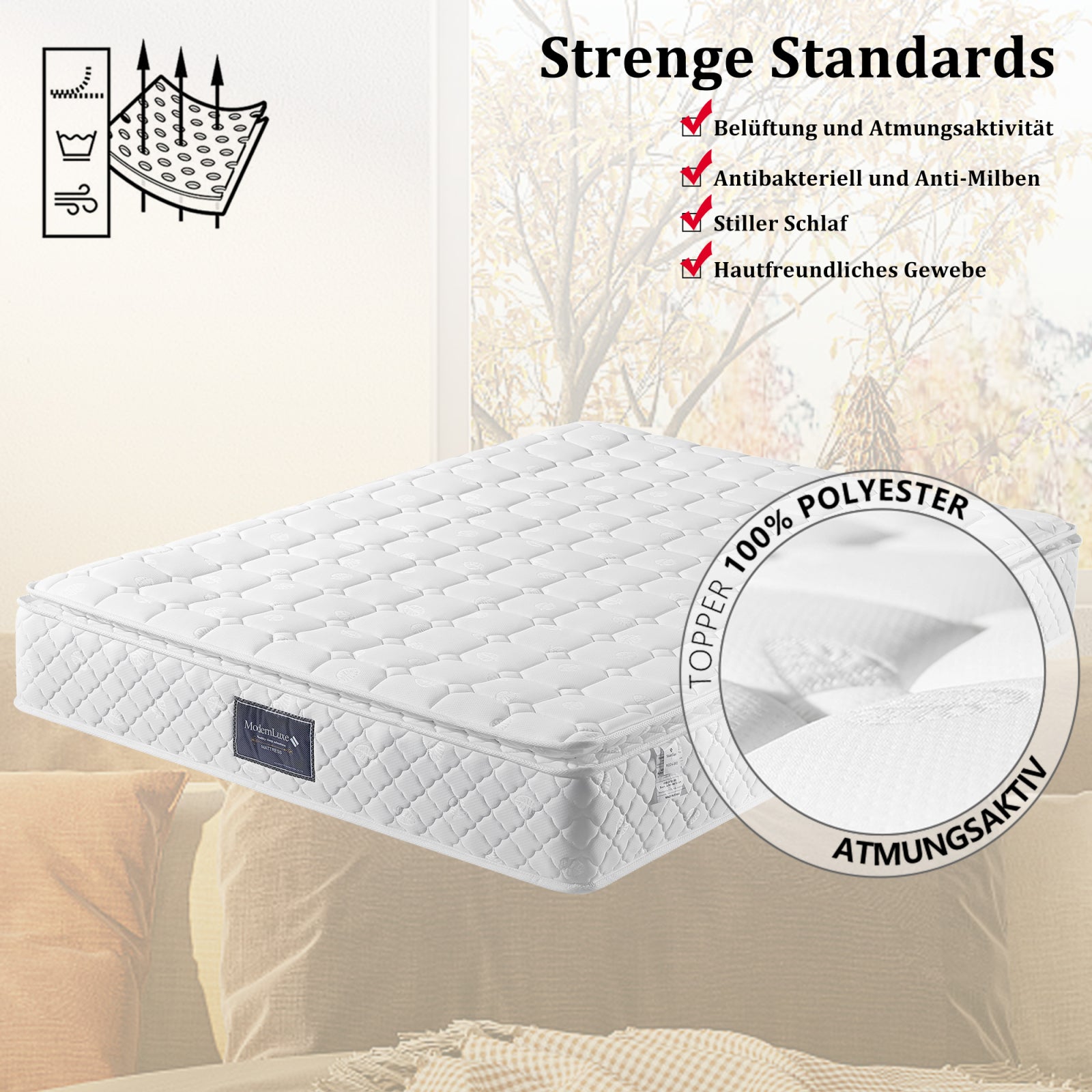 Matelas 160 x 200 cm, hauteur 25 cm, à ressorts ensachés 7 zones, avec tissu doux, Mousse mémoire, dureté H3, respirant - 7