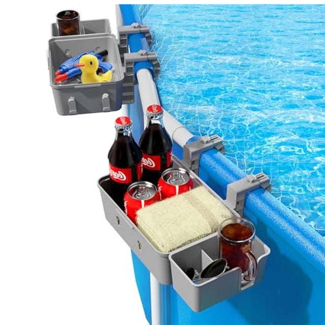 Pack de 2 cestos de arrumação para beira de piscina com porta-copos, acessórios para piscinas elevadas, cinza