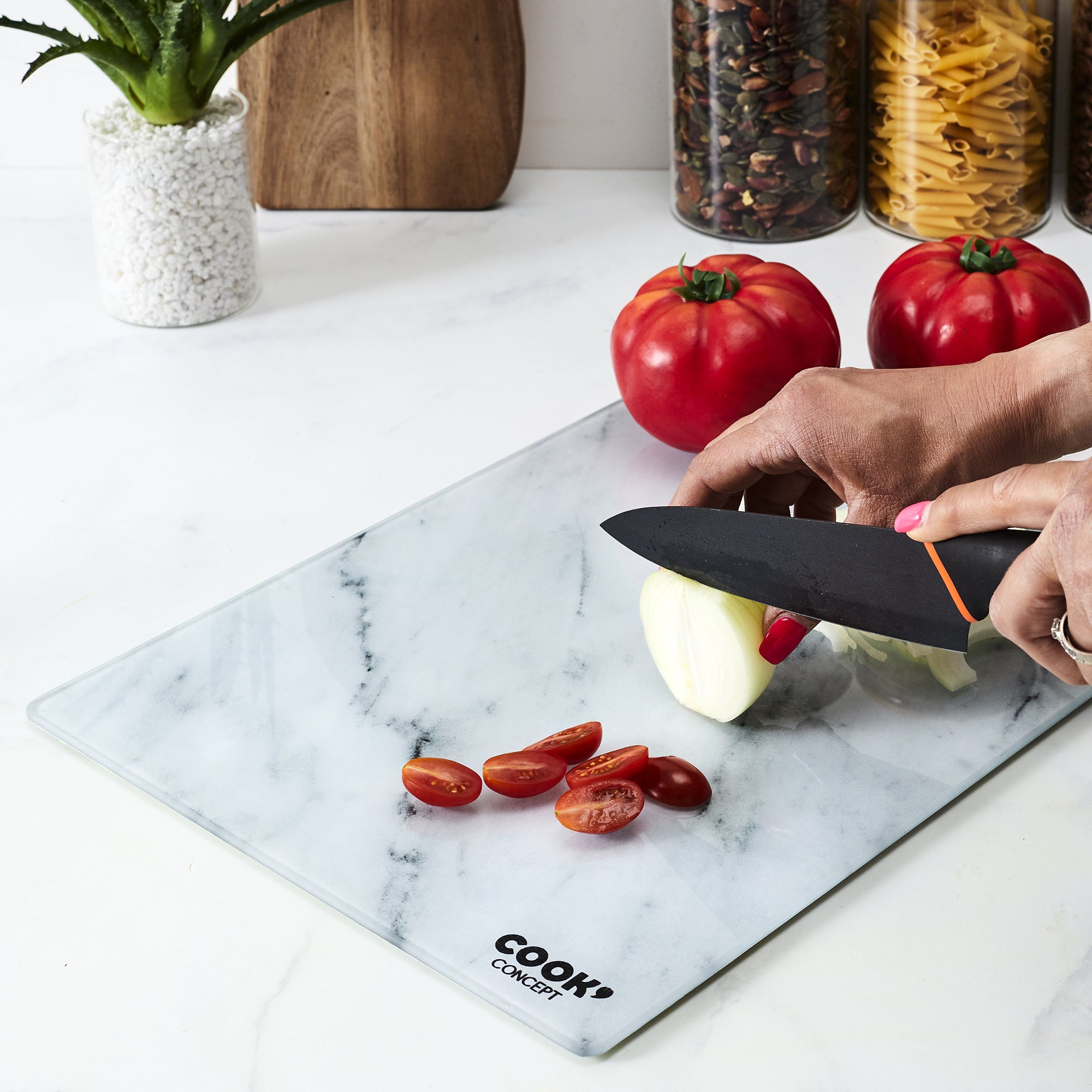 Planche à Découper En Verre Trempé Motif Marbre Blanc